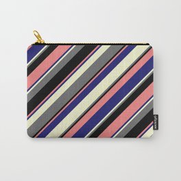 [ Thumbnail: Eye-catching Light Coral, Midnight Blue, Light Yellow, Dim Grey, and Black Colored Striped Pattern Carry-All Pouch ]