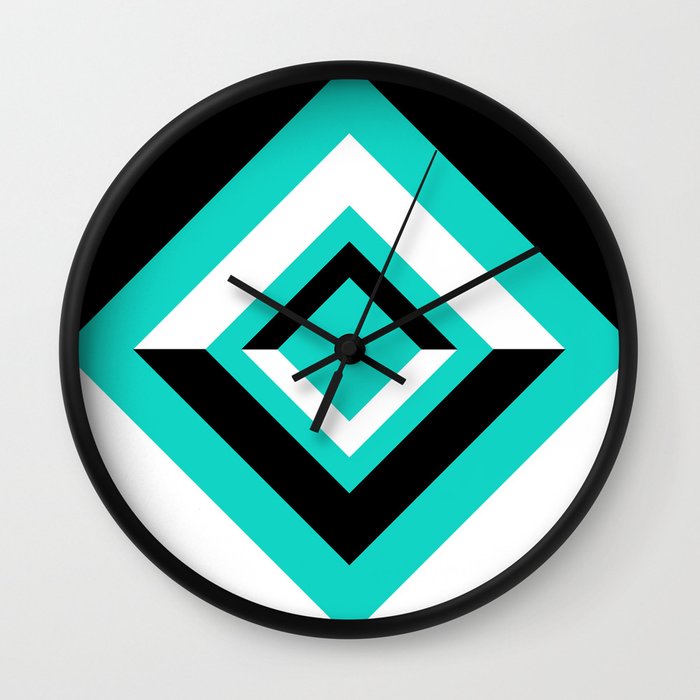 Teal Black and White Diamond Shapes Digital Illustration - Artwork Wall Clock