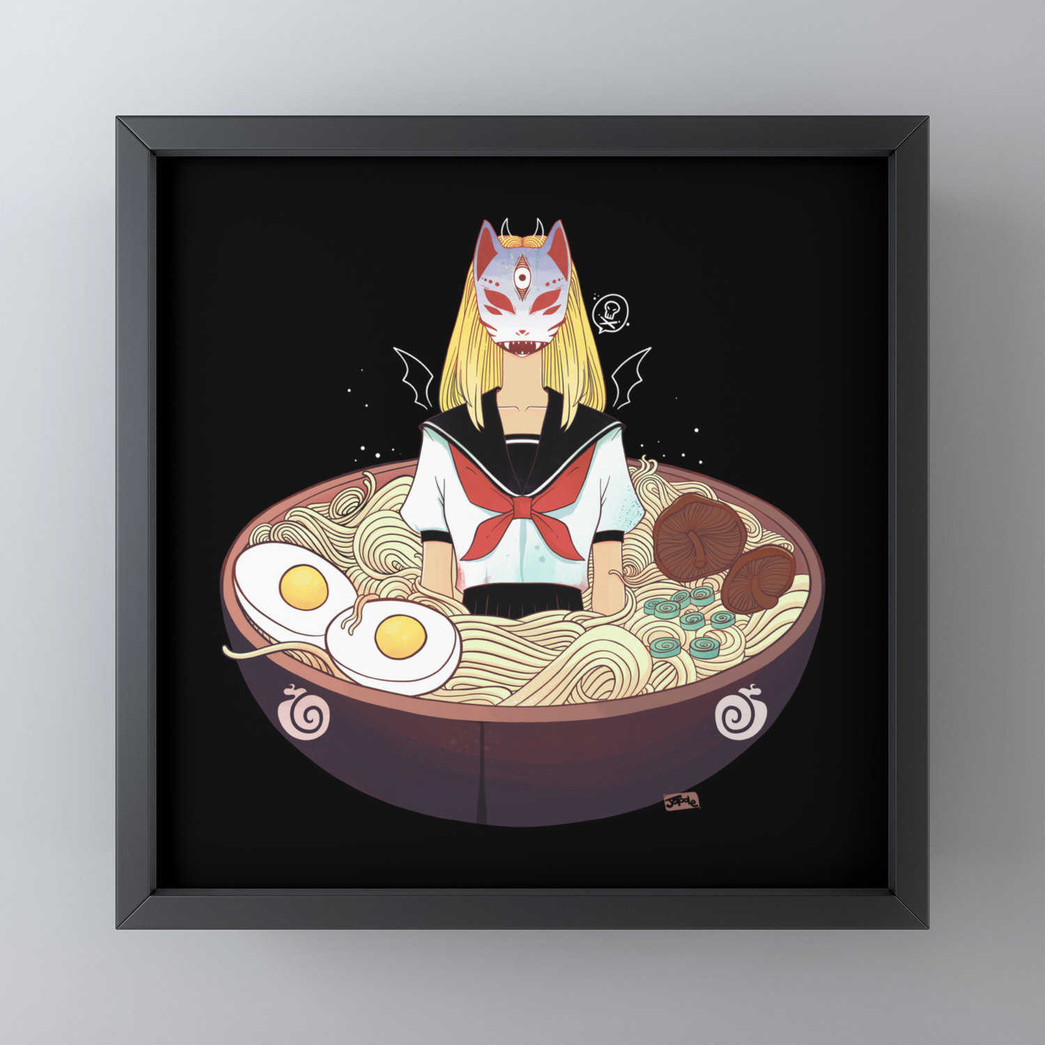 Anime School Girl Japanese Fox Kitsune Mask And Ramen Noodles