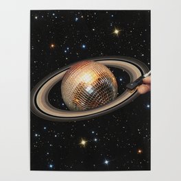Galactic DJ II - Saturn Disco Ball Poster | Turntable, Surreal, Club, Music, Saturn, Retro, 80S, Gold, Party, Vinyl 