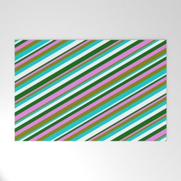 [ Thumbnail: Colorful Violet, Green, Dark Turquoise, White & Dark Green Colored Lines/Stripes Pattern Welcome Mat ]