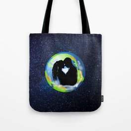 Earth from Space Couple in Love Kiss Tote Bag
