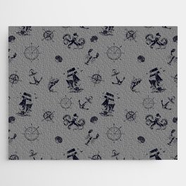 Grey And Blue Silhouettes Of Vintage Nautical Pattern Jigsaw Puzzle