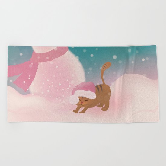 Snow Tabby Cat & Her Snowman, Indigo Snowy Background Beach Towel