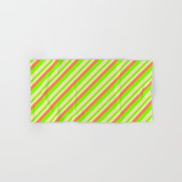 [ Thumbnail: Coral, Chartreuse, and Pale Goldenrod Colored Lined/Striped Pattern Hand & Bath Towel ]