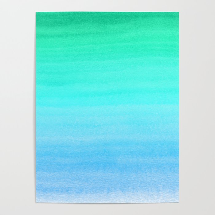 Blue, Teal, and Green Watercolor Horizontal Brush Gradient Line Pattern Poster