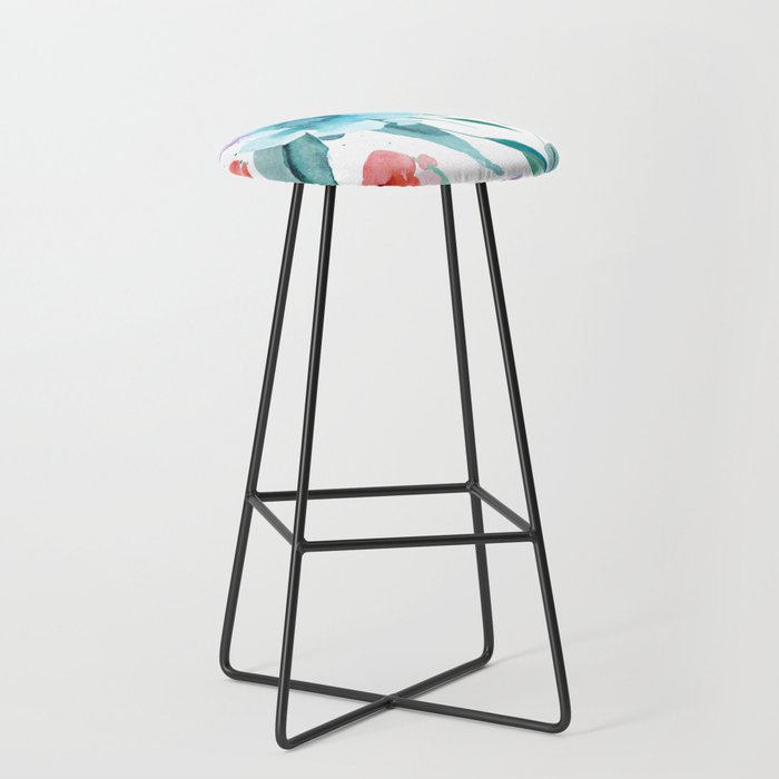 Abstract Blue Pink Teal Watercolor Foliage Floral Bar Stool