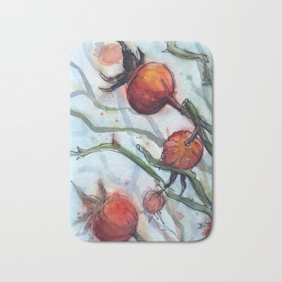 Rose Hips Abstract Watercolor Nature Bath Mat