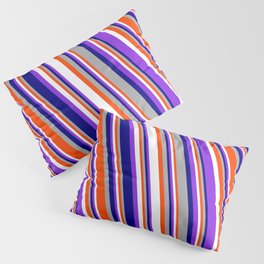 [ Thumbnail: Eyecatching Blue, Dark Grey, Red, White, and Purple Colored Stripes/Lines Pattern Pillow Sham ]