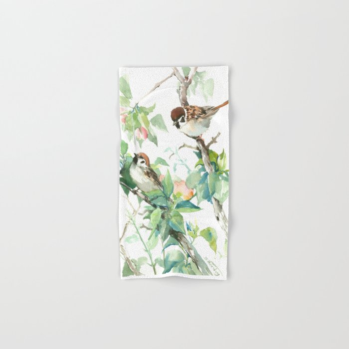 Sparrows And Apple Blossom, bird art Sage, teal green Vintage style floral bird art Hand & Bath Towel