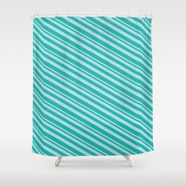 [ Thumbnail: Powder Blue and Light Sea Green Colored Striped/Lined Pattern Shower Curtain ]