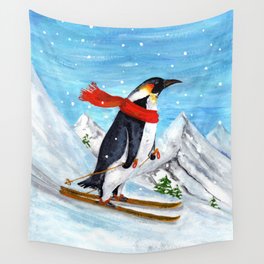 Penguin Alpine Skiing Wall Tapestry