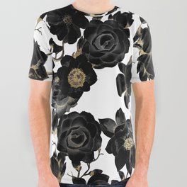 Modern Elegant Black White and Gold Floral Pattern All Over Graphic Tee