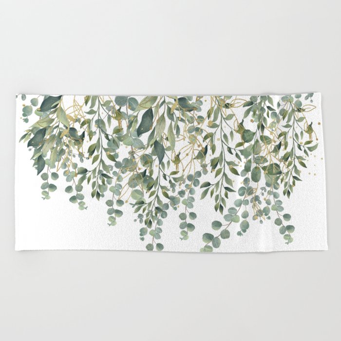 Gold And Green Eucalyptus Leaves Beach Towel