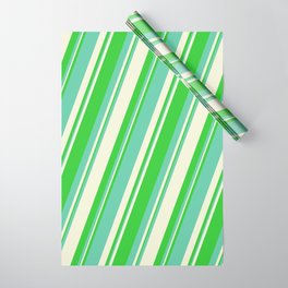 [ Thumbnail: Lime Green, Aquamarine & Beige Colored Stripes/Lines Pattern Wrapping Paper ]