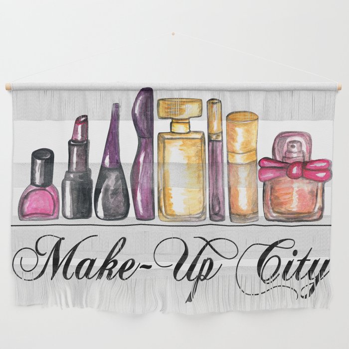 Beauty Products Watercolor Paint, Make Up City Wall Hanging