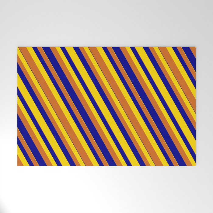 Dark Blue, Yellow, and Chocolate Colored Striped/Lined Pattern Welcome Mat