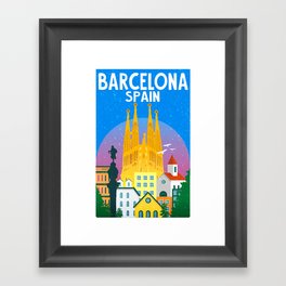 Barcelona travel poster Framed Art Print | Retro, Europe, Barcelona, Mediterranean, Colourful, Vintage, Graphicdesign, Skyline, Catalonia, Spain 