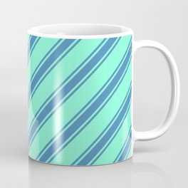 [ Thumbnail: Aquamarine and Blue Colored Striped/Lined Pattern Coffee Mug ]