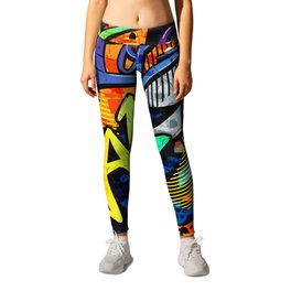 Abstract bright graffiti pattern. With bricks, paint drips, words in graffiti style. Graphic urban design Leggings