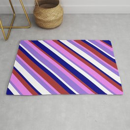 [ Thumbnail: Colorful Blue, Brown, Violet, Purple & White Colored Striped Pattern Rug ]