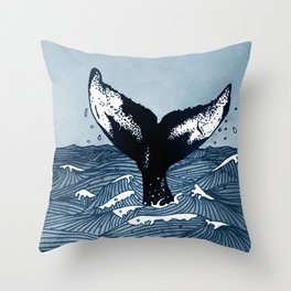 Hump Back Whale tail breaking the surface of stormy waves at sea Throw Pillow