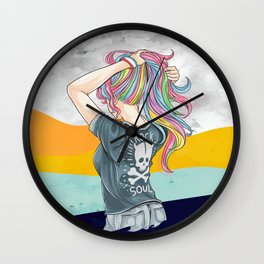 Hand drawn girl unicorn with rock and roll t-shirt style and hair in rainbow colors Wall Clock