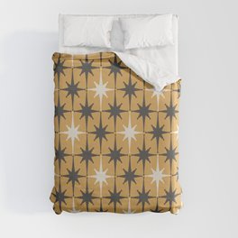 Midcentury Modern Atomic Starburst Pattern Muted Mustard Gold, Charcoal Gray, and Cream Duvet Cover