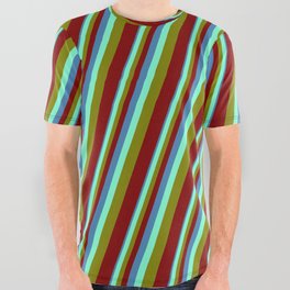 [ Thumbnail: Blue, Aquamarine, Green & Maroon Colored Stripes Pattern All Over Graphic Tee ]