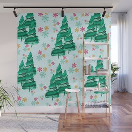 Pine Trees and Snowflakes (Blue) Wall Mural