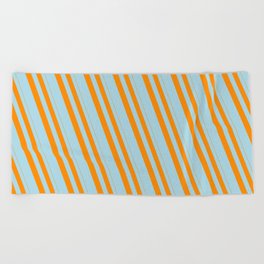 [ Thumbnail: Dark Orange & Light Blue Colored Lined Pattern Beach Towel ]
