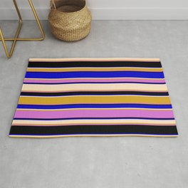 [ Thumbnail: Colorful Blue, Bisque, Goldenrod, Orchid, and Black Colored Stripes Pattern Rug ]