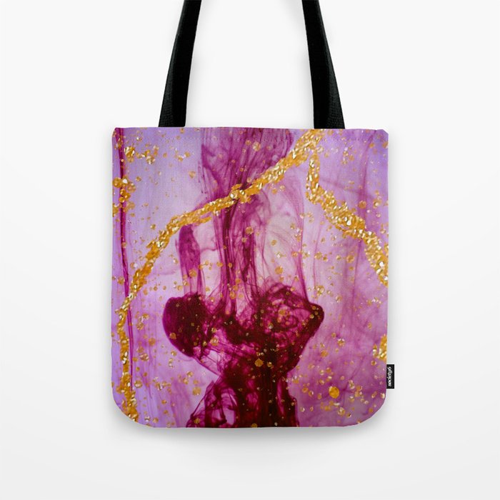 Deep red ink going down in water. Golden dust and powder with Alcohol ink fluid abstract texture fluid art with gold glitter and liquid Tote Bag