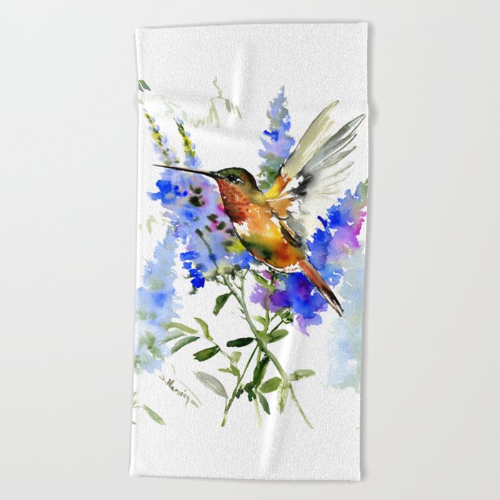 Alen's Hummingbird and Blue Flowers, floral bird design birds, watercolor floral bird art Beach Towel