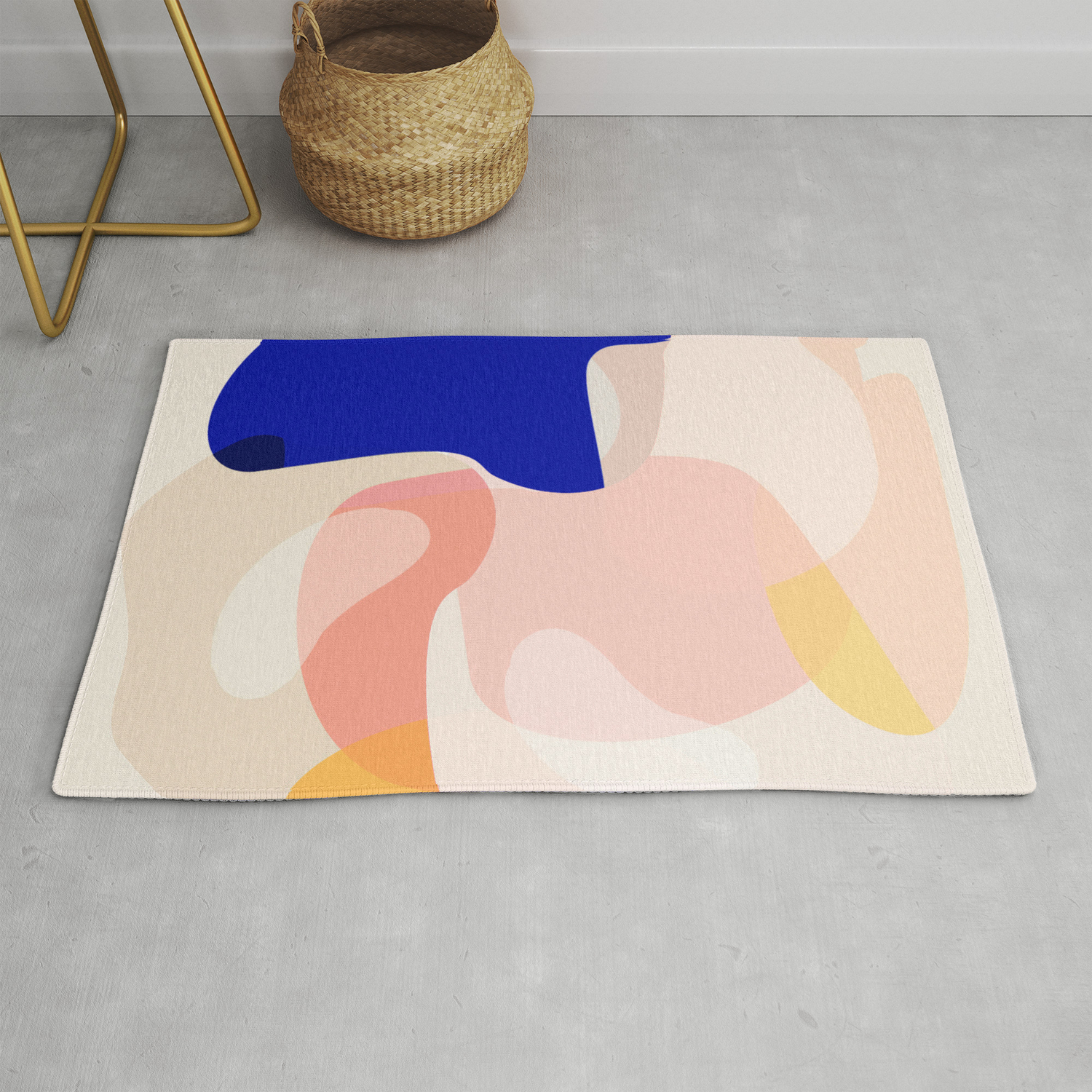 Modern Abstract Peach Pink Navy Blue Yellow Pattern Rug By