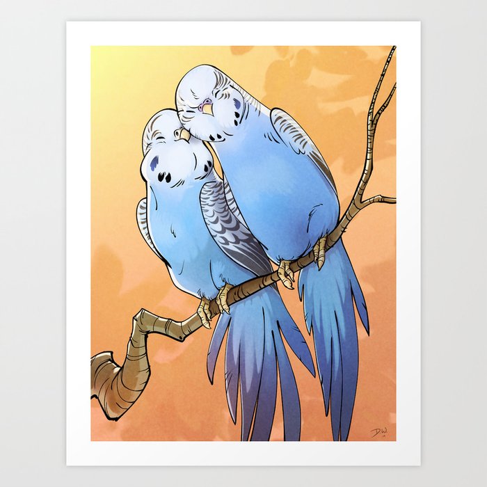 Budgie Lovebirds ! ... parakeets birds love cute animal art blue feathers art illustration Art Print