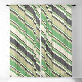 [ Thumbnail: Dark Khaki, Forest Green, Light Yellow, and Black Colored Pattern of Stripes Sheer Curtain ]
