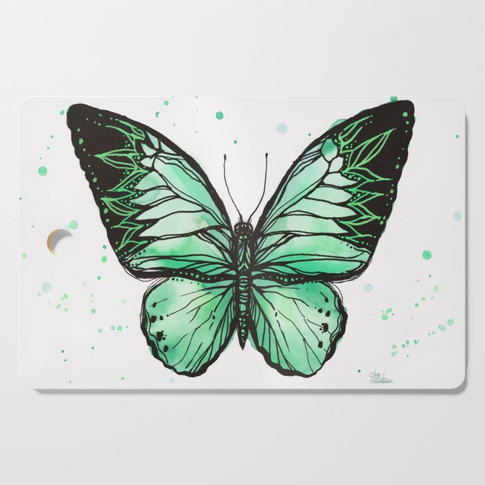 Green Butterfly Watercolor Cutting Board