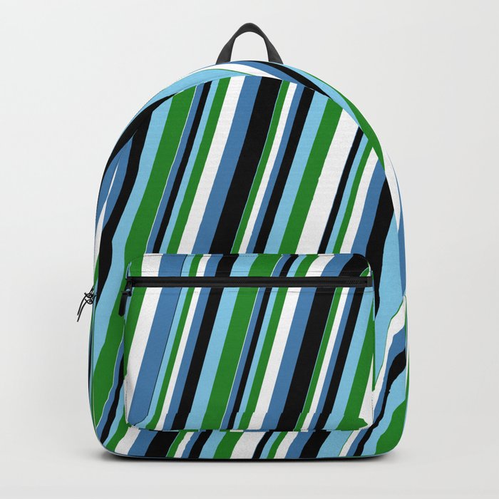 Eye-catching Sky Blue, Forest Green, White, Blue & Black Colored Lined Pattern Backpack