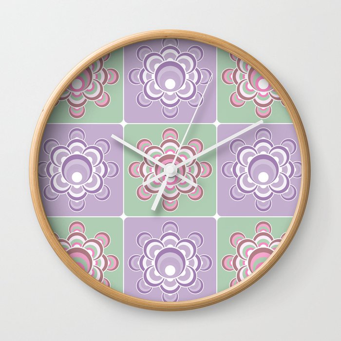 Flower power checkers pattern - very peri and sage green Wall Clock