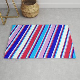 [ Thumbnail: Colorful Plum, Crimson, Blue, Deep Sky Blue, and Mint Cream Colored Lined/Striped Pattern Rug ]