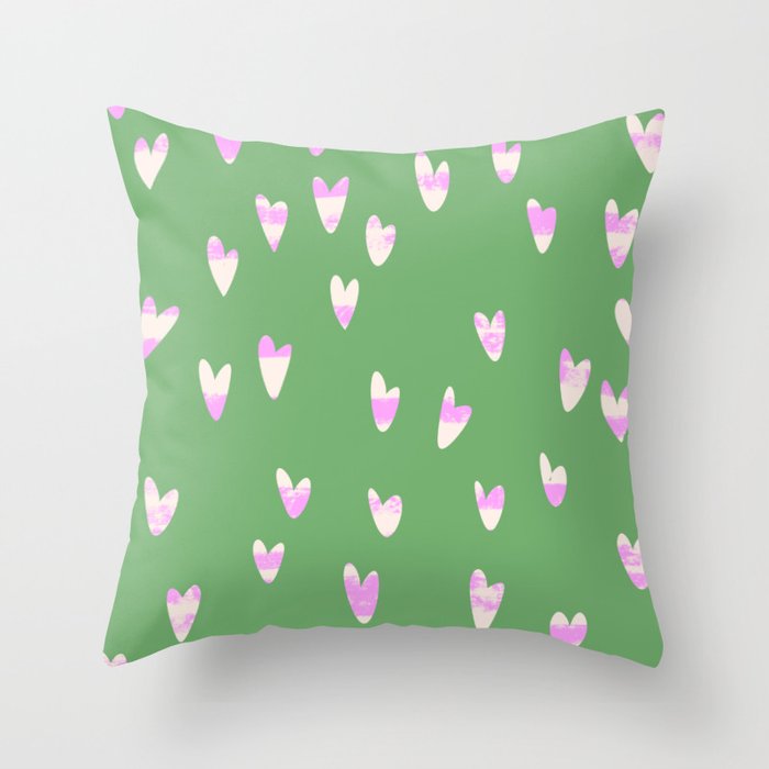 Valentines Hearts Watercolor Purple Pink Dashes Green Throw Pillow