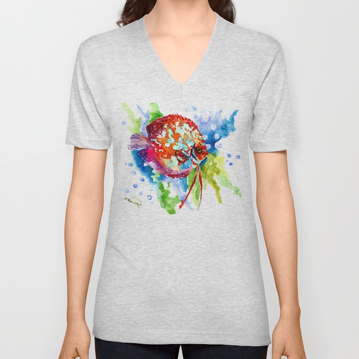 Bright Colored Aquarium Fish, Design Discus V Neck T Shirt by SurenArt | Society6
