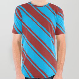[ Thumbnail: Deep Sky Blue & Brown Colored Striped Pattern All Over Graphic Tee ]