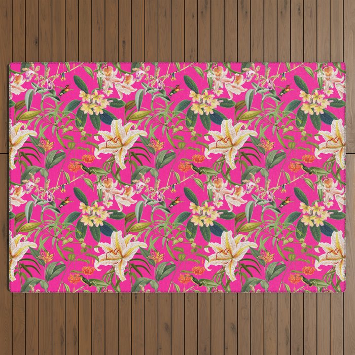 Vibrant Floral Pink Outdoor Rug Modern Contempporary Art Deco Washable Area  Rug for Patio Porch Deck Balcony Waterproof Durable Backyard Carpet Cute