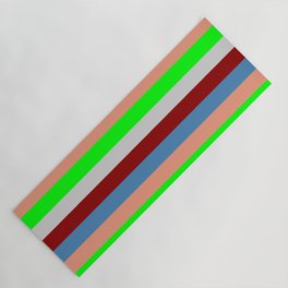 [ Thumbnail: Eye-catching Dark Salmon, Lime, Light Gray, Dark Red, and Blue Colored Lined Pattern Yoga Mat ]