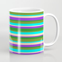 [ Thumbnail: Vibrant Tan, Purple, Forest Green, Green & Aqua Colored Striped/Lined Pattern Coffee Mug ]