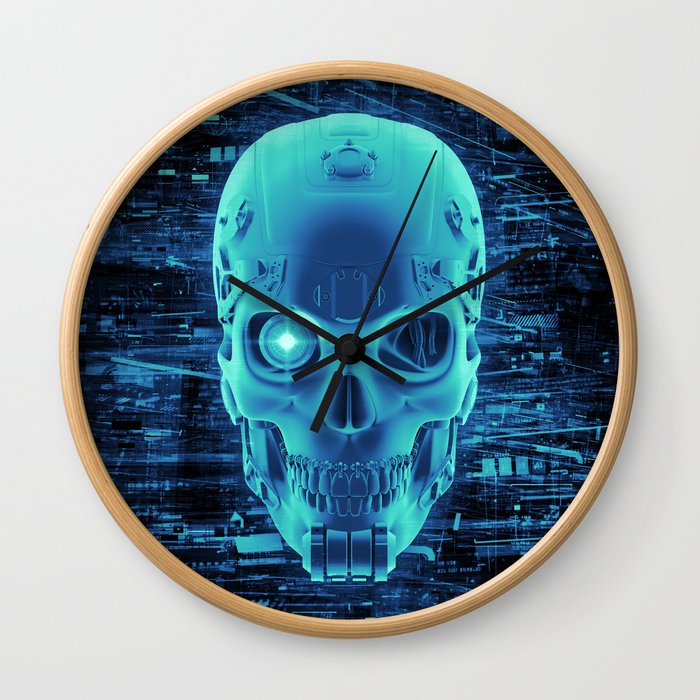 Gamer Skull BLUE TECH / 3D render of cyborg head Wall Clock