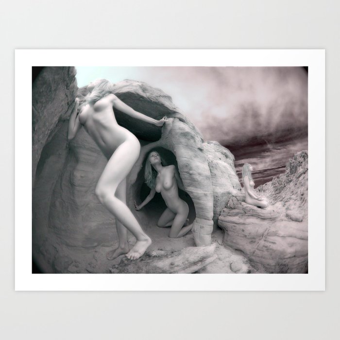 6228 Bw Three Desert Art Nude Women Among Rocks Art Print By Artonline Society6