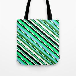[ Thumbnail: Eyecatching Green, Light Sky Blue, Forest Green, White, and Black Colored Lines Pattern Tote Bag ]